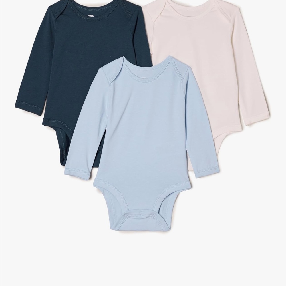 Amazon essentials Baby 12 month cotton Onesies Set light Blue, White, dark blue